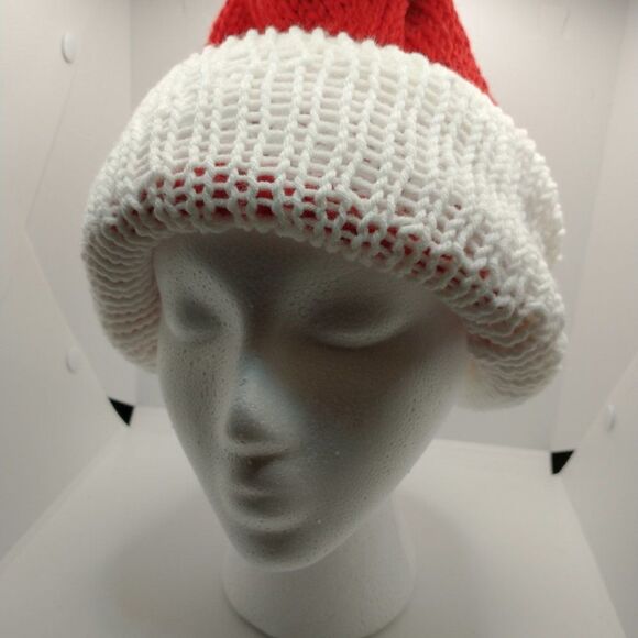 Hand Crafted Knit Unisex Hat Red White Winter Warm Beanie Slouchy Ski Cap - Picture 1 of 10